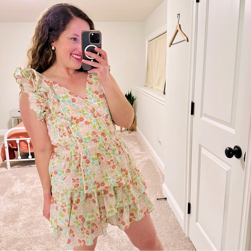 Anthropologie Love The Label Pink Purple Cotton Floral Ruffled Mini Dress Medium
